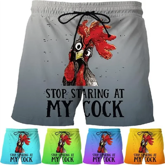 3D Print Stop Staring At My Cock Short Pants For Men Boys Funny Swim Trunks Fashionable Funny Chicken Graphics Beach Shorts