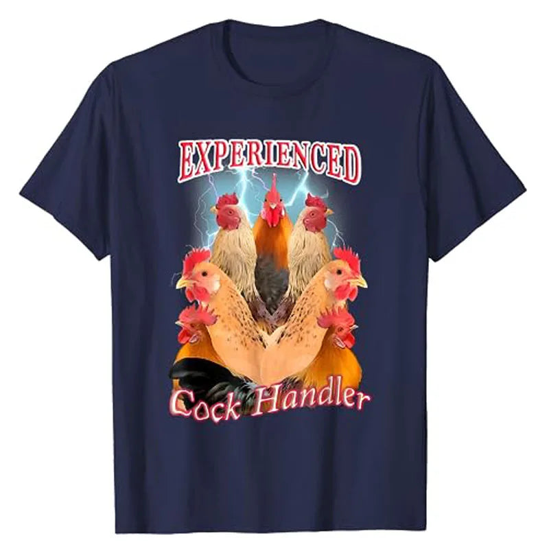 Experienced Cock Handler T-Shirt Funny Chick Lover Graphic Tee Tops Chicken Rooster Poultry Farmer Gift Humorous Farming Clothes