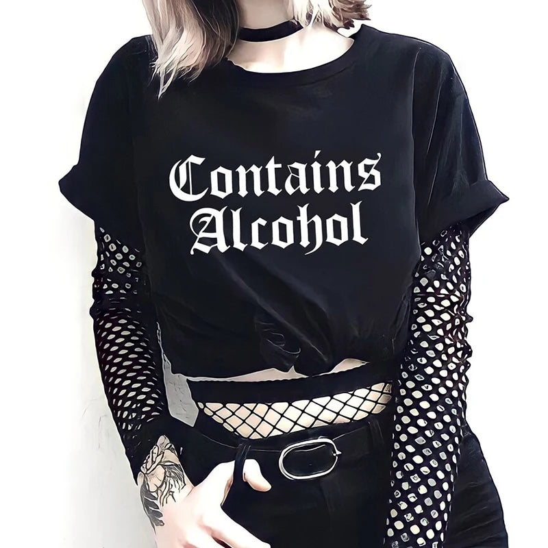 Contains Alcohol Goth T Shirt Women Causal Short Sleeve Dark Edgy Grunge 90s Fashion Tshirts Vintage Black Top Tees Dropshipping